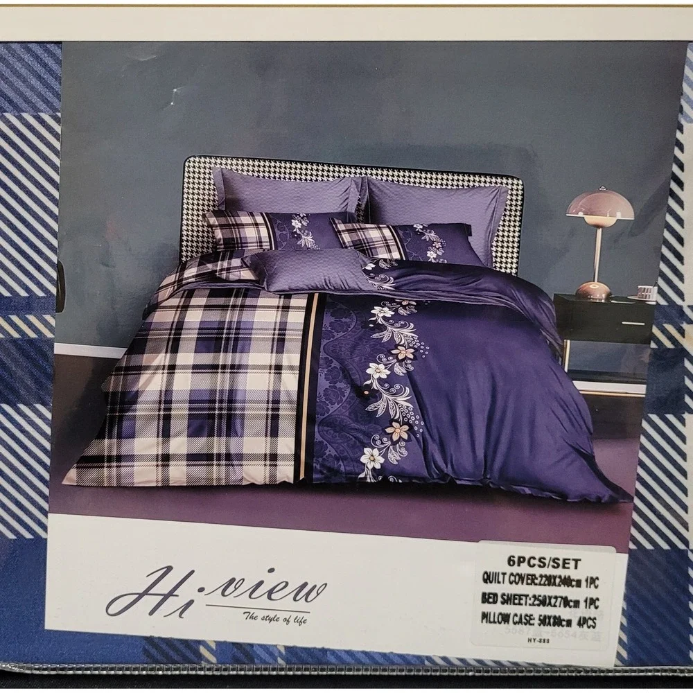 Italian Fashion Queen Size Duvet Cover Set 6 Pc Design #HY-888 Blue Floral/Plaid